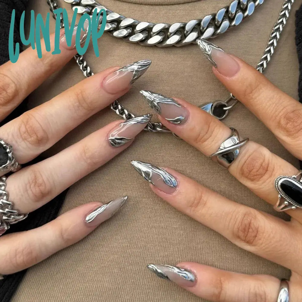 Lunivop Silver 3D Water Ripple French Almond Shape Wearable False Nails Fashion Detachable Finished