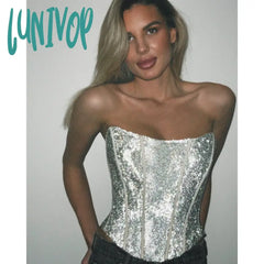 Lunivop Silver Sparkling Busiter Corset Top Club Wear Sexy Backless Bandage Crop Tops For Womens