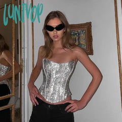 Lunivop Silver Sparkling Busiter Corset Top Club Wear Sexy Backless Bandage Crop Tops For Womens