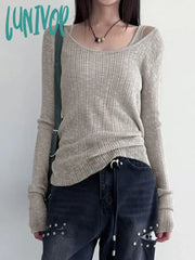 Lunivop Simple Casual Solid Two Pieces Set Y2K Aesthetic Knitted All Match Ins Tanks + Autumn