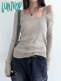 Lunivop Simple Casual Solid Two Pieces Set Y2K Aesthetic Knitted All Match Ins Tanks + Autumn
