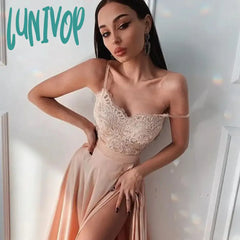 Lunivop Simple Spaghetti Straps Prom Dresses A Line Lace Evening Dress 2024 Floor-Length Girls