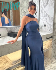 Lunivop Simple Strapless Pleats Evening Dresses With Cape Floor-Length Sexy Mermaid Prom Gowns