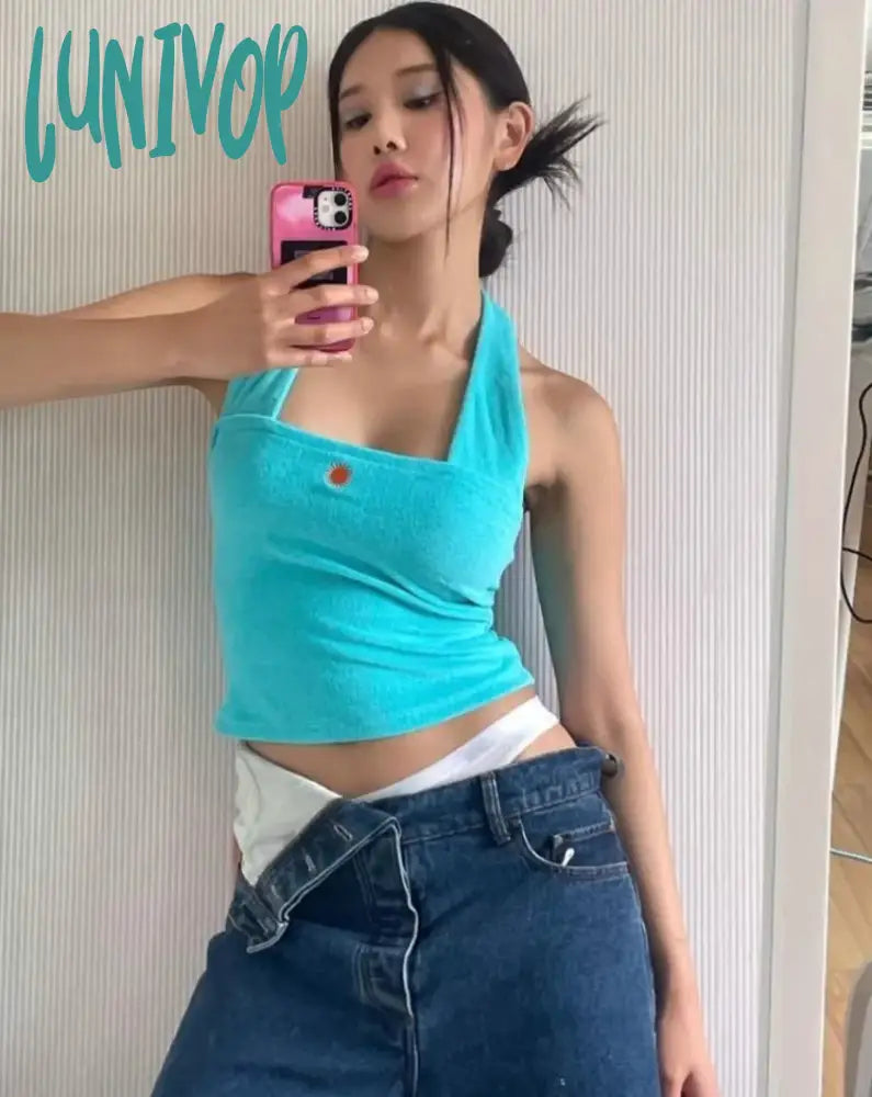 Lunivop Simple Sweet Embroidery Cotton Tank Top Y2K E-Girl Sexy Slim Fit Halter Camisole Tops 2024