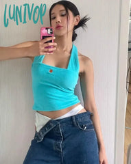 Lunivop Simple Sweet Embroidery Cotton Tank Top Y2K E-Girl Sexy Slim Fit Halter Camisole Tops 2024