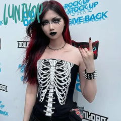 Lunivop Skeleton Print Black Bustier Corset Tops For Women Halloween E Girl Dark Academia Crop