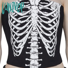 Lunivop Skeleton Print Black Bustier Corset Tops For Women Halloween E Girl Dark Academia Crop