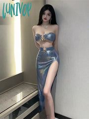 Lunivop Skirts Set Blue Super Cool Tank Tops Sexy Spicy Girl Bra Top High Waist Body Long Dress