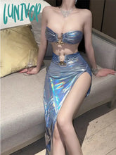 Lunivop Skirts Set Blue Super Cool Tank Tops Sexy Spicy Girl Bra Top High Waist Body Long Dress