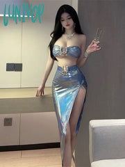 Lunivop Skirts Set Blue Super Cool Tank Tops Sexy Spicy Girl Bra Top High Waist Body Long Dress