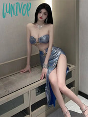 Lunivop Skirts Set Blue Super Cool Tank Tops Sexy Spicy Girl Bra Top High Waist Body Long Dress