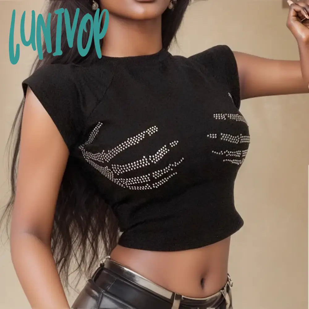 Lunivop Skull Hand Rhinestones Aesthetic Women Y2K Clothes Vintage Tops Black Fairy Grunge Graphic