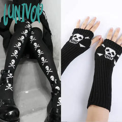 Lunivop Skull Stockings Gloves Set Punk Women Harajuku Dark Gothic Y2K Long Socks Knee Lolita Girls