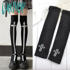 Lunivop Skull Stockings Gloves Set Punk Women Harajuku Dark Gothic Y2K Long Socks Knee Lolita Girls