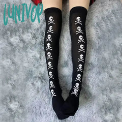 Lunivop Skull Stockings Gloves Set Punk Women Harajuku Dark Gothic Y2K Long Socks Knee Lolita Girls