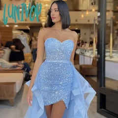 Lunivop Sky Blue Prom Dresses With Detachable Train 2024 Women Luxury Tulle Mermaid Evening Dress
