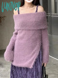 Lunivop Slash Neck Solid Fashion Sweet Y2K Pullovers Japanese Elegant Casual Split Jumpers Gentle