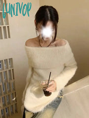 Lunivop Slash Neck Solid Fashion Sweet Y2K Pullovers Japanese Elegant Casual Split Jumpers Gentle