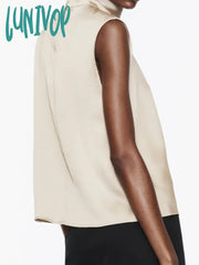 Lunivop Sleeveless Satin Blouse Women 2024 New Elegant Fashion O-Neck Solid Color Blouses Spring