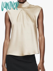 Lunivop Sleeveless Satin Blouse Women 2024 New Elegant Fashion O-Neck Solid Color Blouses Spring