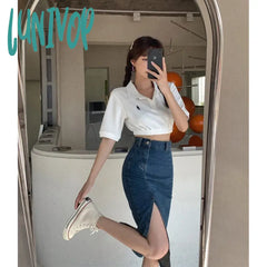 Lunivop Slit Denim Midi Skirt Women Vintage High Waist Hip Wrap Jeans Skirts Summer Streetwear