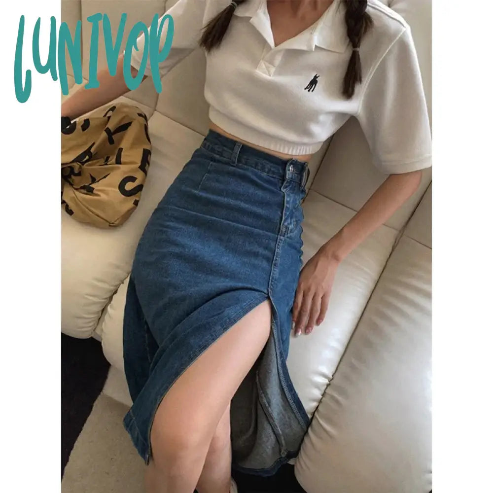 Lunivop Slit Denim Midi Skirt Women Vintage High Waist Hip Wrap Jeans Skirts Summer Streetwear