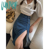 Lunivop Slit Denim Midi Skirt Women Vintage High Waist Hip Wrap Jeans Skirts Summer Streetwear