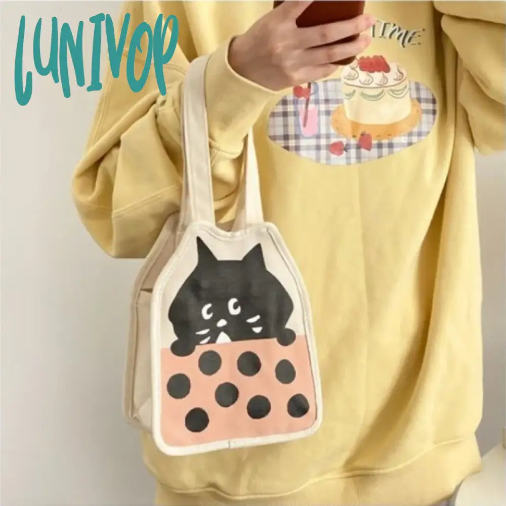 Lunivop Small Handbags For Women Korean Style Cute Cartoon Cat Canvas Bag 2024 Fashion Casual