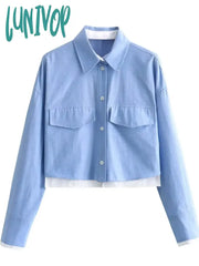Lunivop Solid Color Cropped Shirts For Women 2024 New Street Casual Long Sleeve Lapel Collar Short