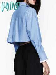 Lunivop Solid Color Cropped Shirts For Women 2024 New Street Casual Long Sleeve Lapel Collar Short
