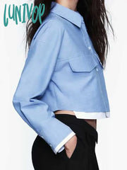 Lunivop Solid Color Cropped Shirts For Women 2024 New Street Casual Long Sleeve Lapel Collar Short