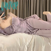 Lunivop Solid Color Pajamas Sets Womens Outfit Strap Top Long Short Pants Sleepwear Suit Girl