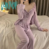 Lunivop Solid Color Pajamas Sets Womens Outfit Strap Top Long Short Pants Sleepwear Suit Girl