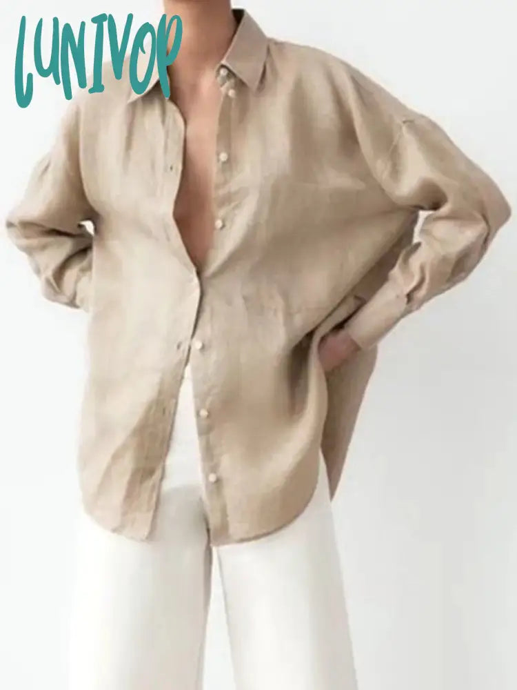 Lunivop Solid Color Pocket Blouse Women Spring Chic Long Sleeve Lapel Collar Button Up Blouses
