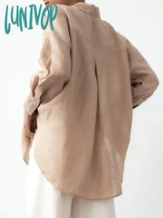 Lunivop Solid Color Pocket Blouse Women Spring Chic Long Sleeve Lapel Collar Button Up Blouses