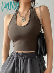 Lunivop Solid Color Sexy Halter Top Women Sleeveless Hanging Neck Crop Tops Casual Basic Slim