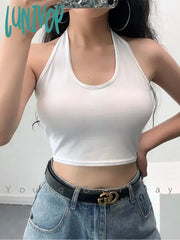 Lunivop Solid Color Sexy Halter Top Women Sleeveless Hanging Neck Crop Tops Casual Basic Slim