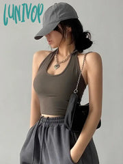 Lunivop Solid Color Sexy Halter Top Women Sleeveless Hanging Neck Crop Tops Casual Basic Slim