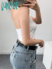 Lunivop Solid Color Sexy Halter Top Women Sleeveless Hanging Neck Crop Tops Casual Basic Slim