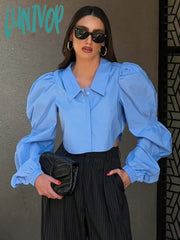 Lunivop Solid Color Shirts For Women French Fashion Lapel Collar Puff Sleeve Cropped Blouses Female