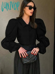 Lunivop Solid Color Shirts For Women French Fashion Lapel Collar Puff Sleeve Cropped Blouses Female