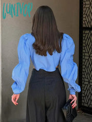 Lunivop Solid Color Shirts For Women French Fashion Lapel Collar Puff Sleeve Cropped Blouses Female