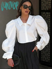 Lunivop Solid Color Shirts For Women French Fashion Lapel Collar Puff Sleeve Cropped Blouses Female