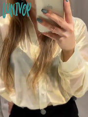 Lunivop Solid Color Transparent Shirts Women 2024 Spring New Long Sleeve Single Breasted Lapel
