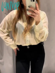 Lunivop Solid Color Transparent Shirts Women 2024 Spring New Long Sleeve Single Breasted Lapel