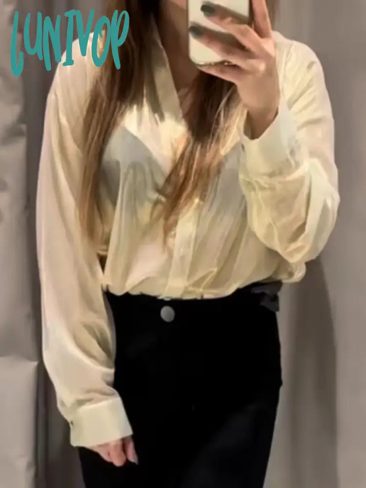 Lunivop Solid Color Transparent Shirts Women 2024 Spring New Long Sleeve Single Breasted Lapel