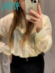 Lunivop Solid Color Transparent Shirts Women 2024 Spring New Long Sleeve Single Breasted Lapel