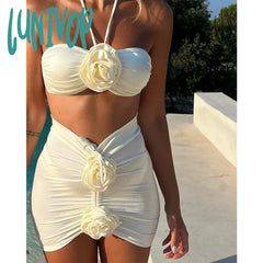 Lunivop Solid Floral Lace Three Pieces Bikini Set Cover Up Swimwear Women Swimsuit Push Bathing