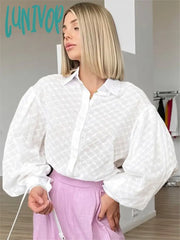 Lunivop Solid Hollow Out Blouses 2024 New Spring Summer Turndown Collar Lantern Sleeve Jacquard