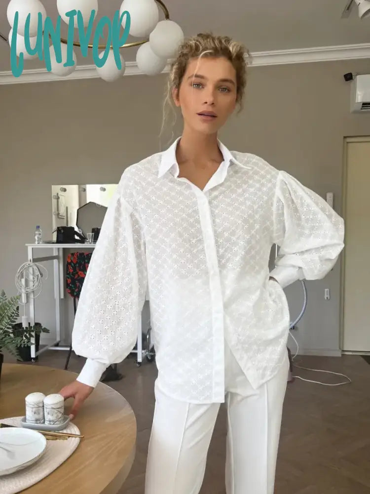 Lunivop Solid Hollow Out Blouses 2024 New Spring Summer Turndown Collar Lantern Sleeve Jacquard